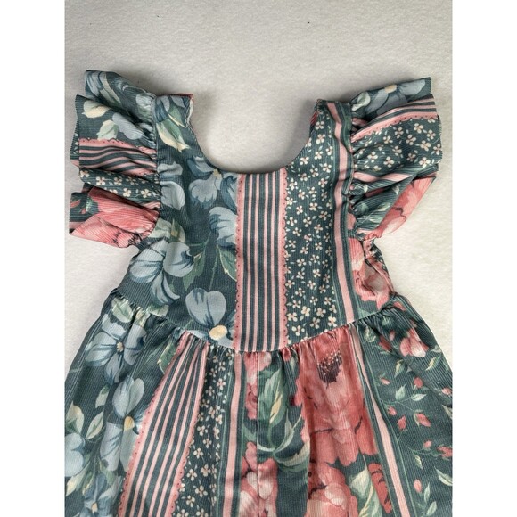 Chocolate Soup Vtg Girls 2t Floral Bubble Romper Teal Pink - Picture 2 of 11